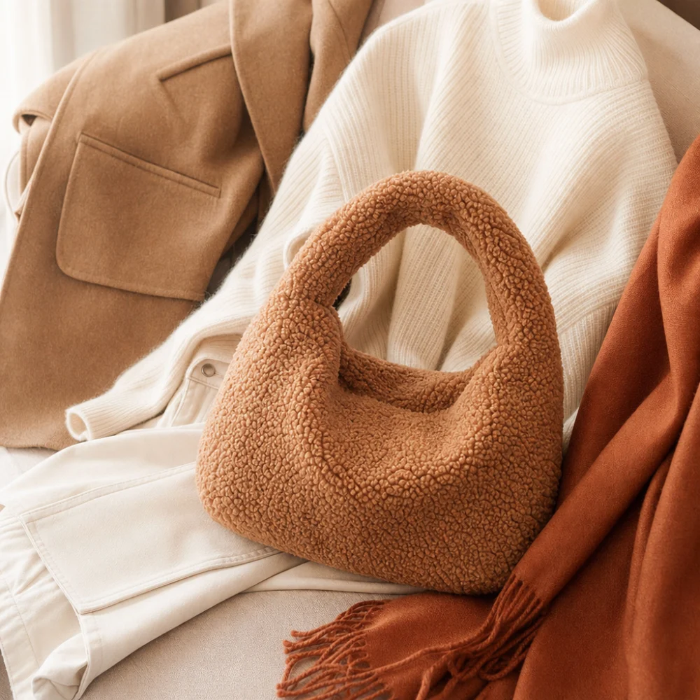 teddy tasche neben einem schlichten Alltagsoutfit in warmen Naturtönen