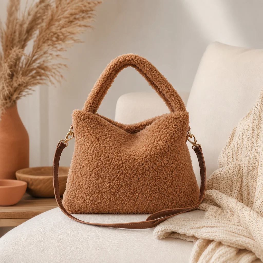 teddy handtasche in warmer Naturfarbe mit weicher Teddystruktur auf hellem Hintergrund – teddy tasche